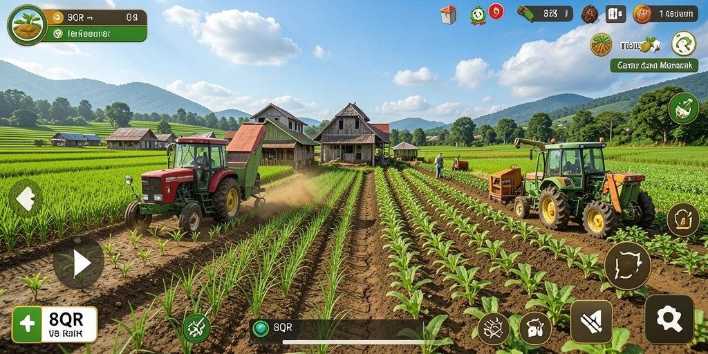 Tangkapan layar dari gameplay <strong>8QR</strong> yang menampilkan aktivitas bertani.