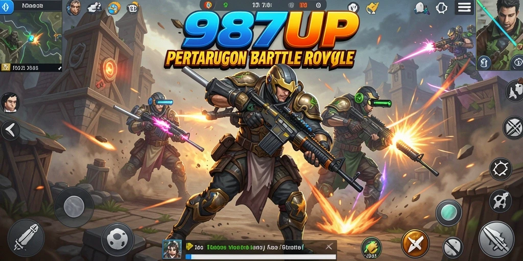 Screenshot gameplay intens dari 987UP menampilkan pertempuran Battle Royale.