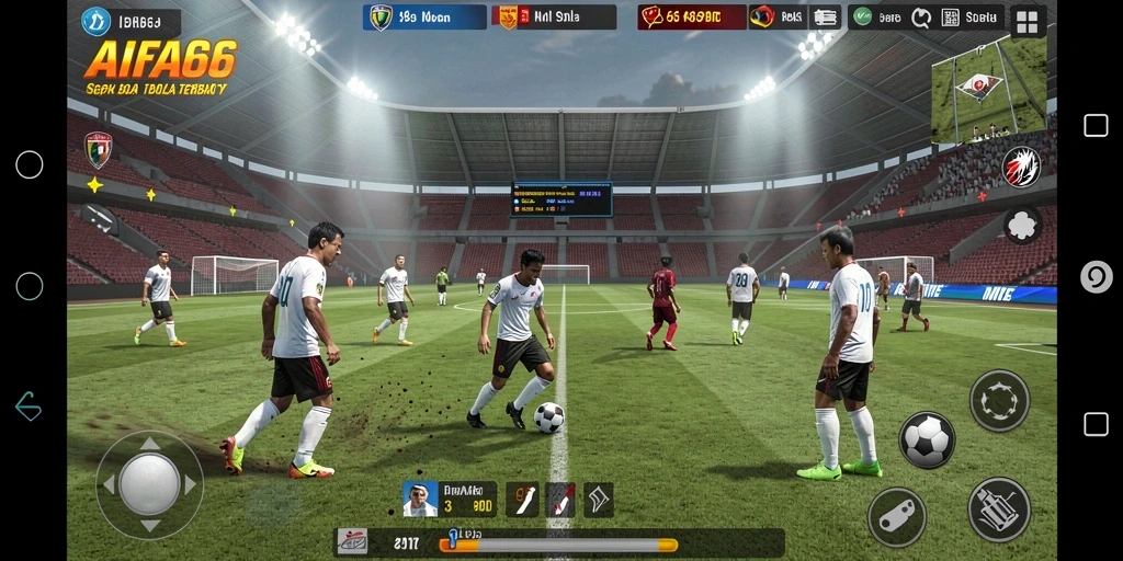 Tampilan gameplay AIFA66 dengan aksi sepak bola yang intens.