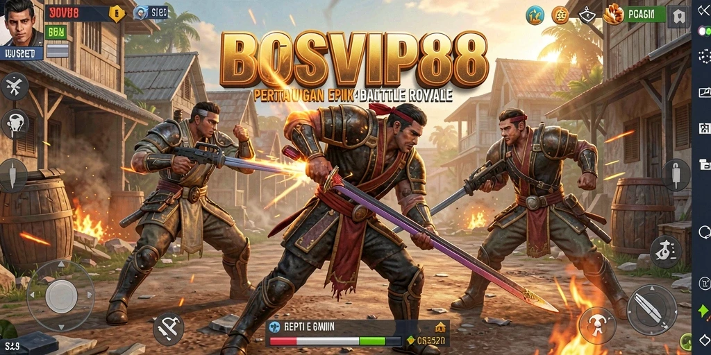 Screenshot gameplay dari BOSVIP88 menampilkan pertempuran seru dalam mode Battle Royale.