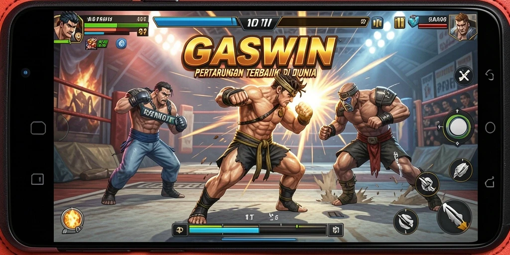 Tampilan gameplay GASWIN menampilkan pertarungan intens dan karakter beragam.