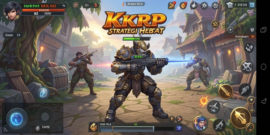 Screenshot gameplay KKRP menampilkan pertempuran strategis dan pembangunan kota.