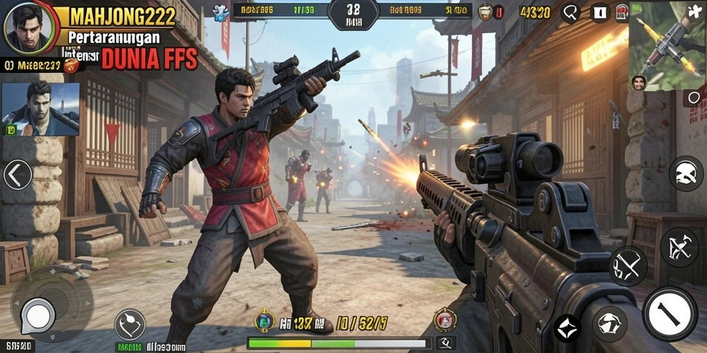 Tangkapan layar gameplay MAHJONG222 menunjukkan aksi pertarungan FPS yang mendebarkan.