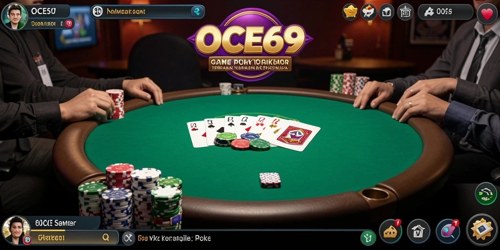 Tampilan gameplay intens dari OCE69 yang menampilkan momen mendebarkan dalam permainan poker.
