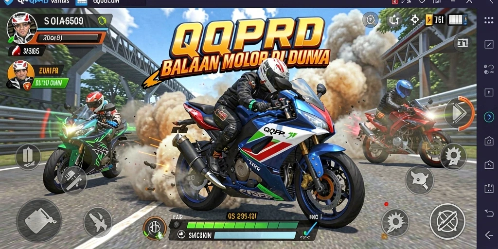 Tangkapan layar utama QQRP menampilkan aksi balapan motor yang mendebarkan.