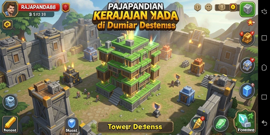Tangkapan layar dari gameplay seru RAJAPANDA88 dengan menara pertahanan yang strategis.