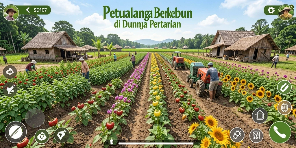 Screenshot gameplay SD107 menampilkan petani yang sedang merawat tanaman di ladang.