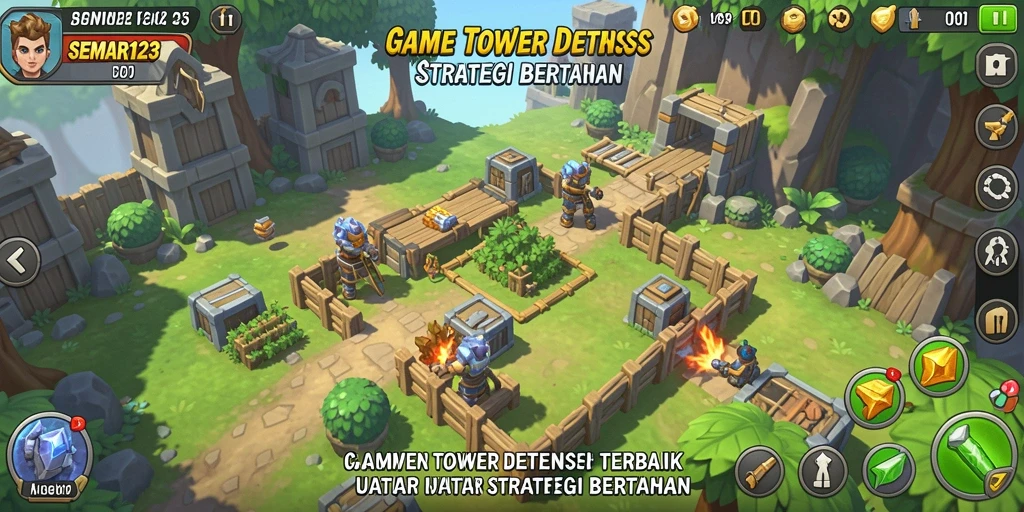 Screenshot gameplay SEMAR123 menunjukkan menara pertahanan yang siap menghadapi serangan musuh.