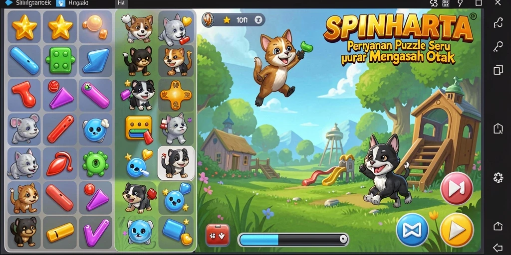Tampilan gameplay <strong>SPINHARTA</strong> yang penuh warna dan menantang teka-teki.