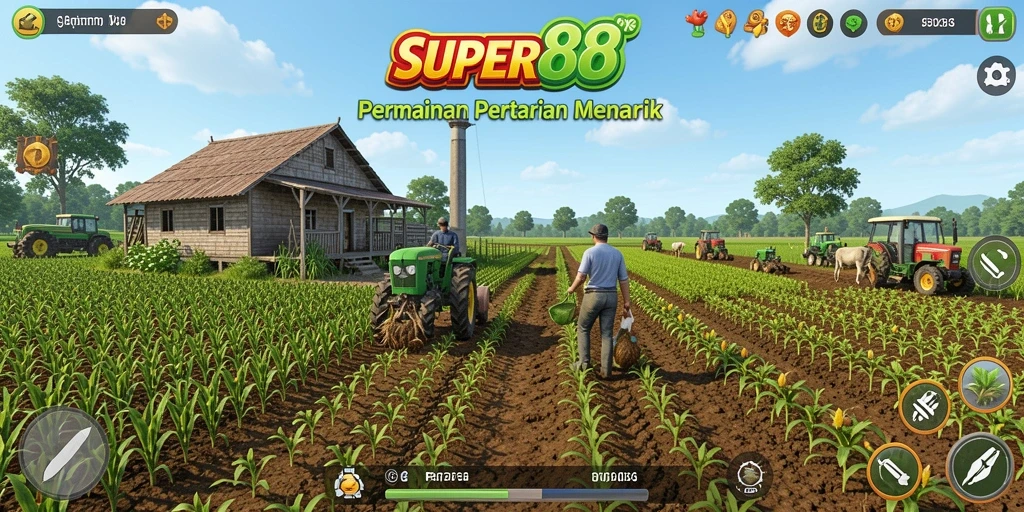 Tampilan gameplay SUPER88 yang menarik dengan ladang luas dan hewan ternak.